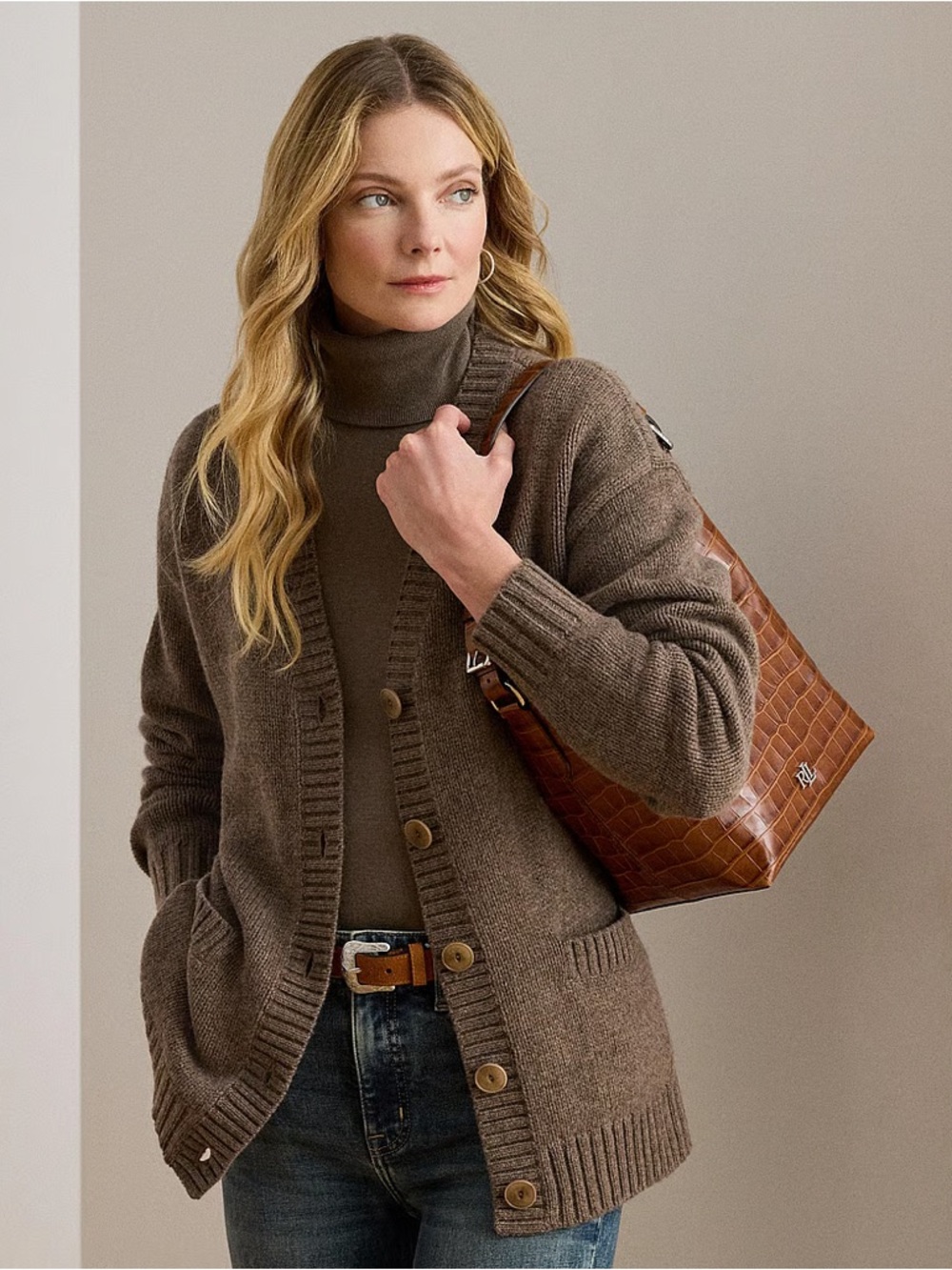 Lauren Ralph Brown V-Neck Button Front Sweater Wool V-Neck Cardigan - Picture 3 of 10